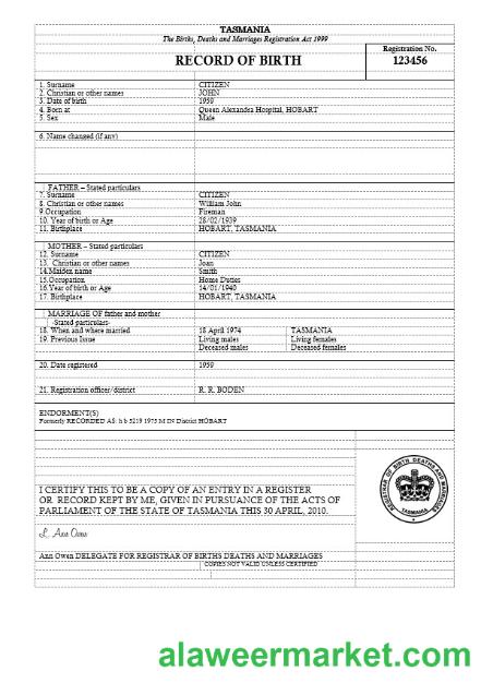 Australia Tasmania birth certificate template in Word format